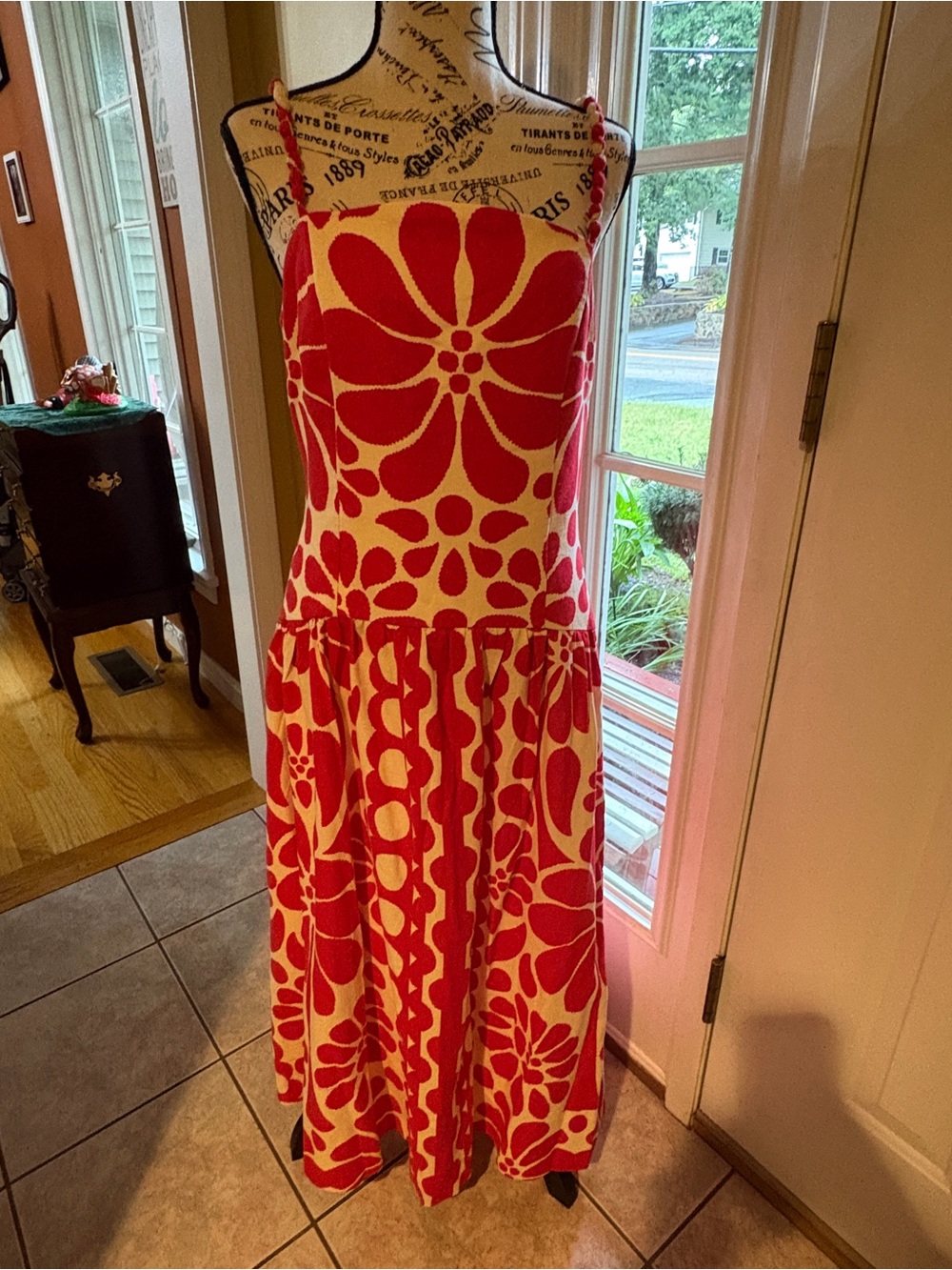 Christian Lacroix Red Floral Linen Blend Maxi Dress Size 8